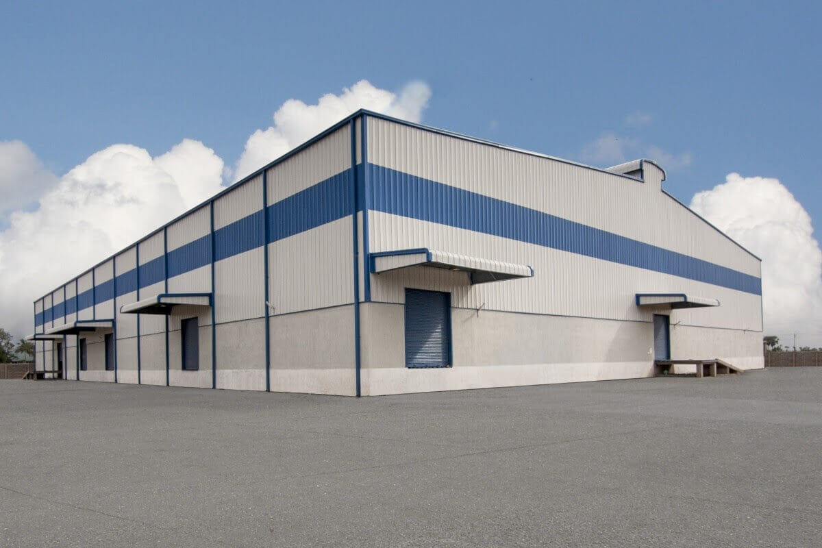Metal building with gray and blue exterior paint