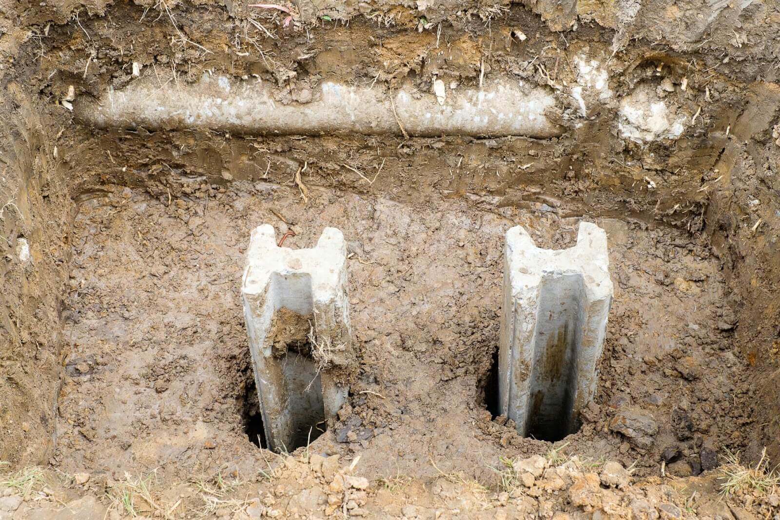Concrete pilings installed in dirt