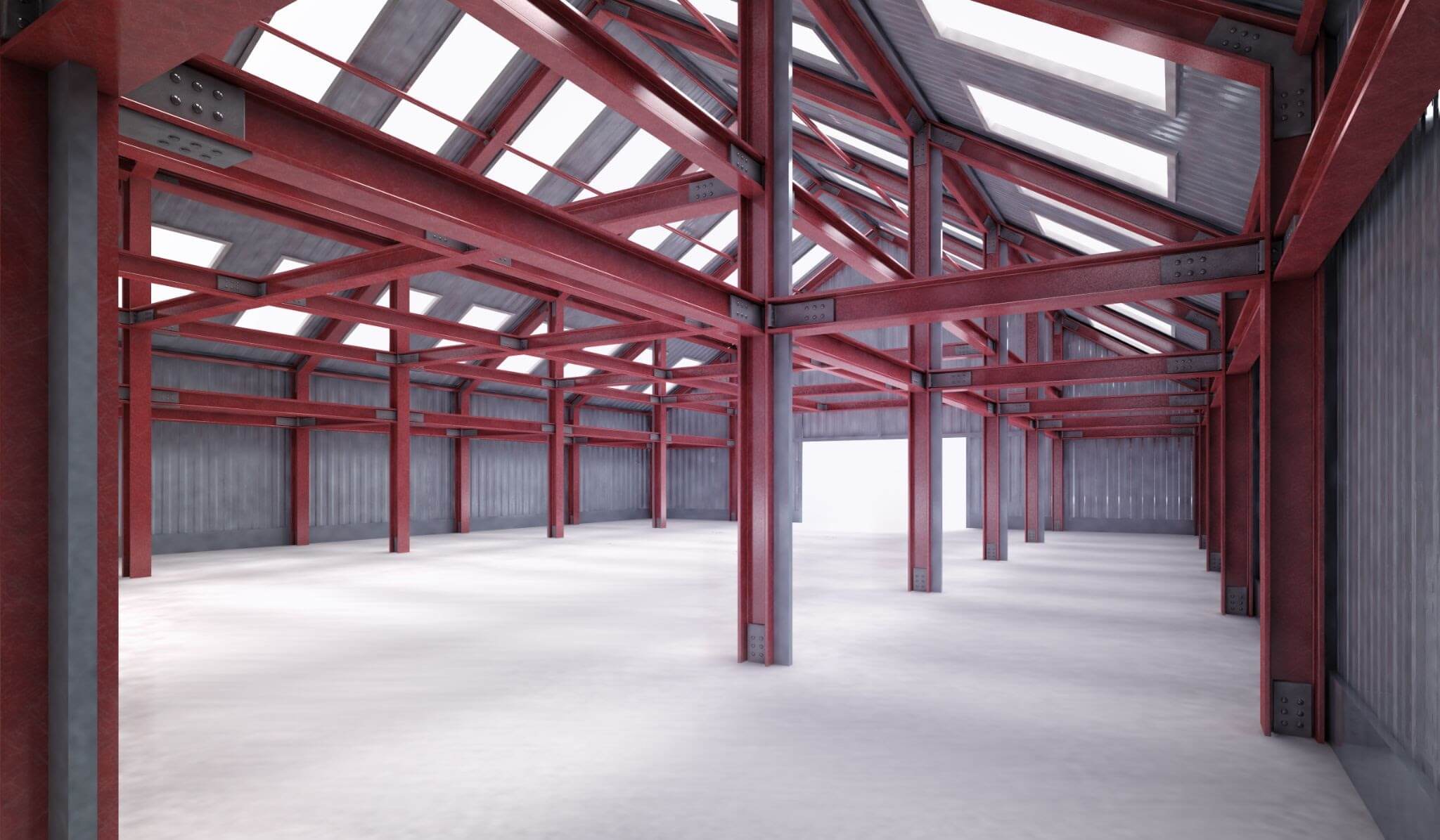 Interior view of empty metal building with red iron beams and columns