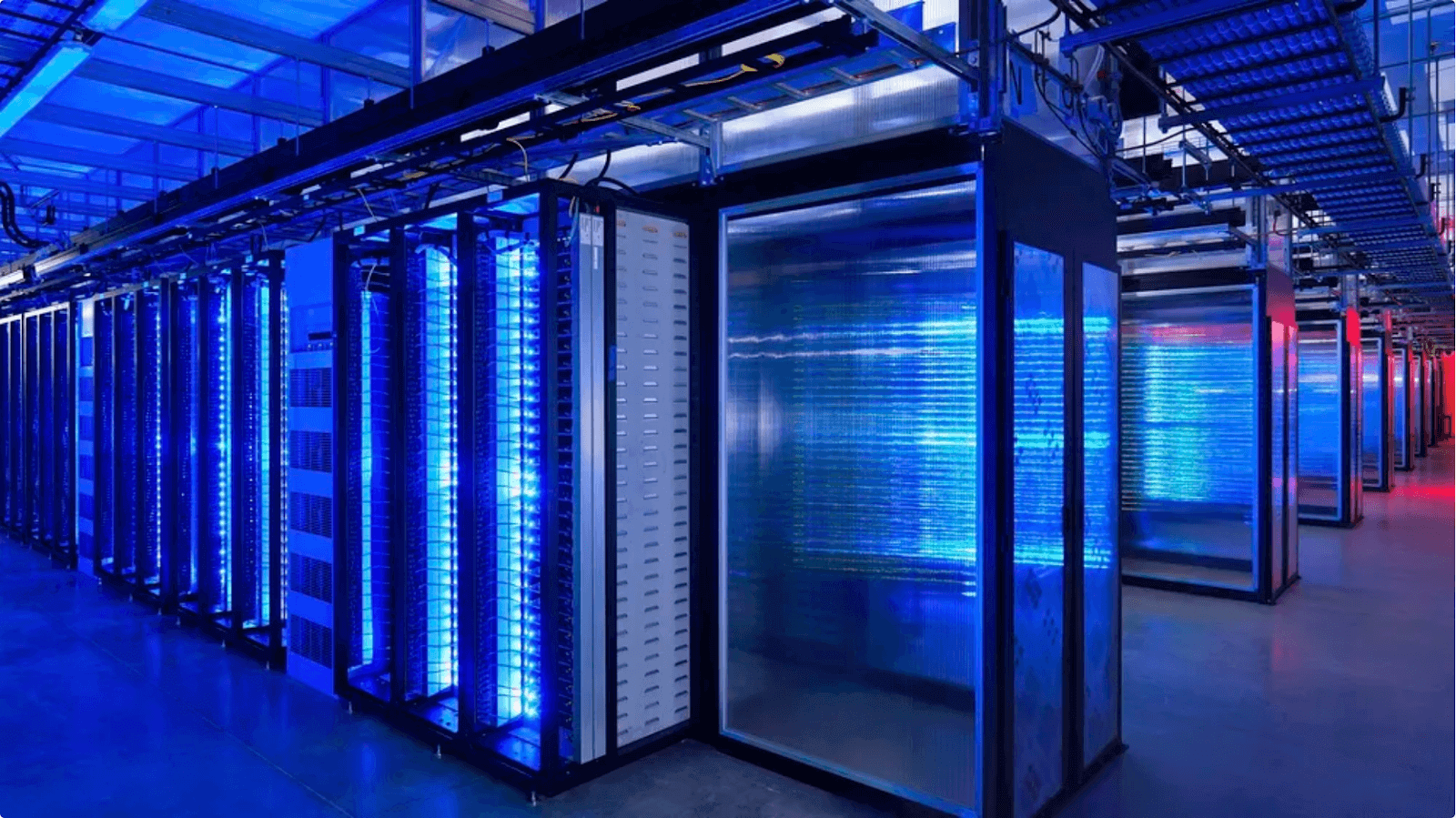 Datacenter interior lit up from blue LED lights